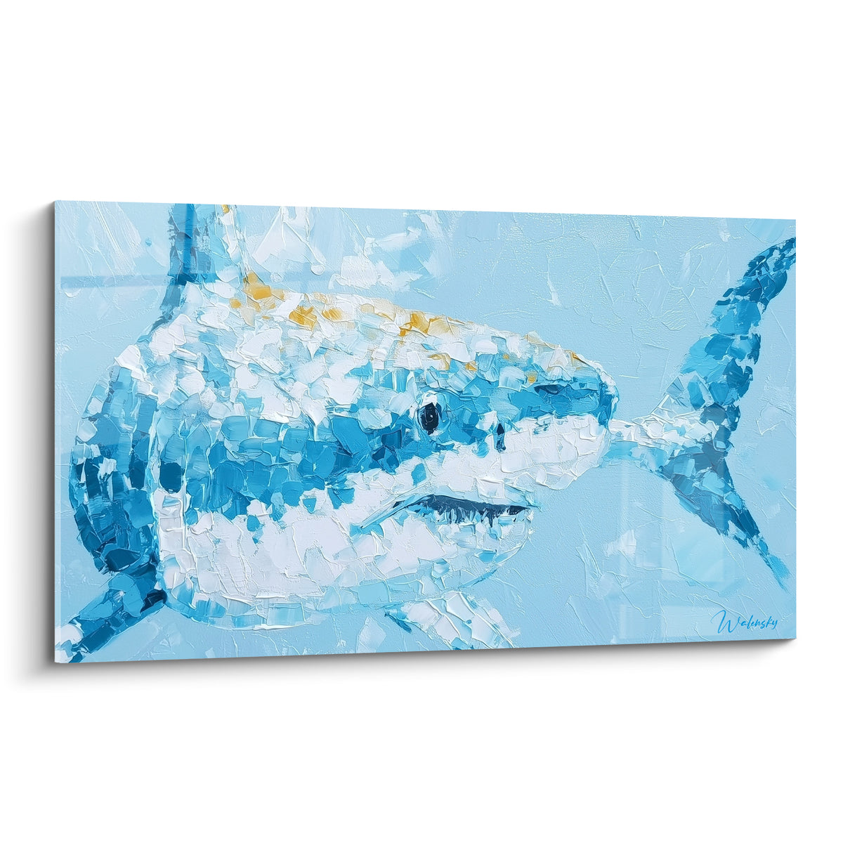 Requin bleu turquoise et blanc nacré, tête tournée, texture épaisse au couteau sur fond clair