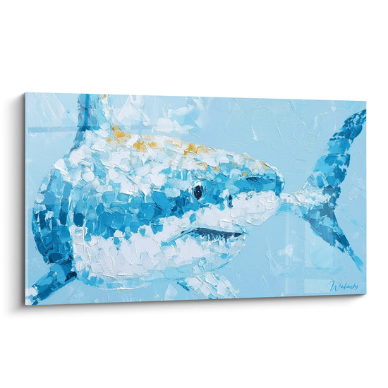 Requin bleu turquoise et blanc nacré, tête tournée, texture épaisse au couteau sur fond clair