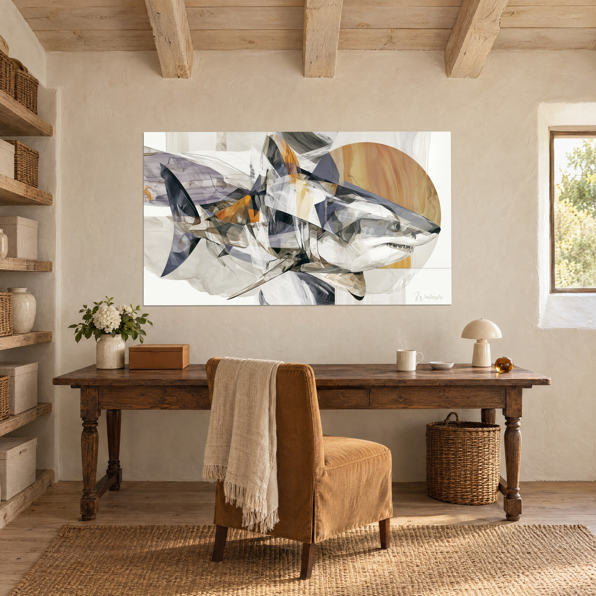 Tableau poisson-loup géométrique aux angles ardoise et orange, sillons ocre du disque solaire, au-dessus d'un bureau en bois brut