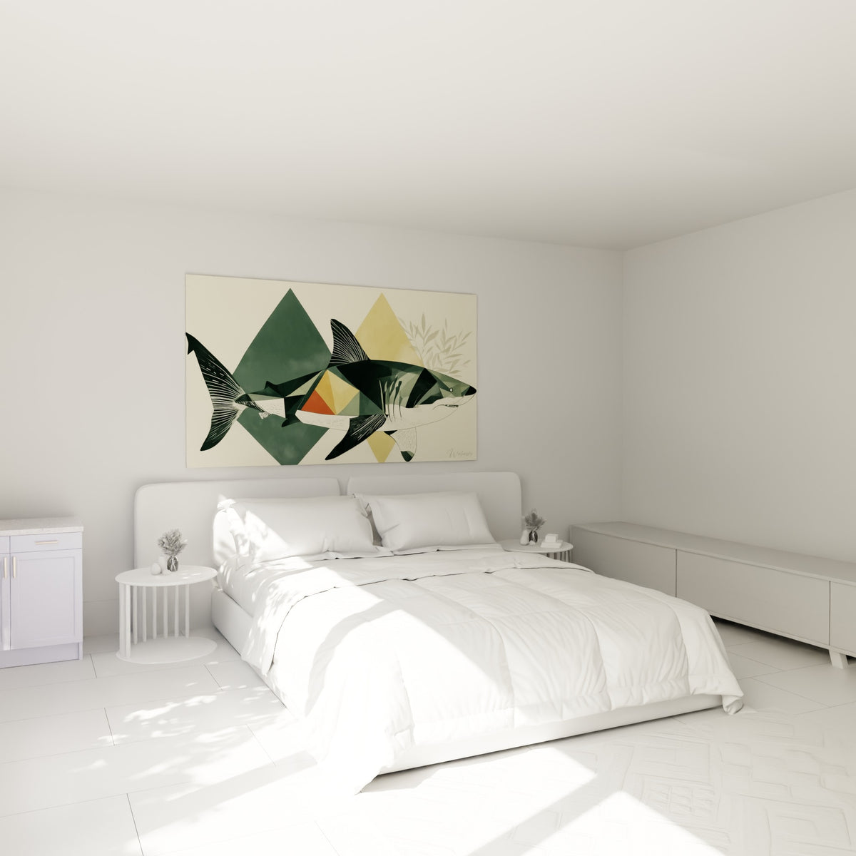 Silhouette de requin vert et ocre, style graphique, au-dessus d'un lit dans une chambre claire