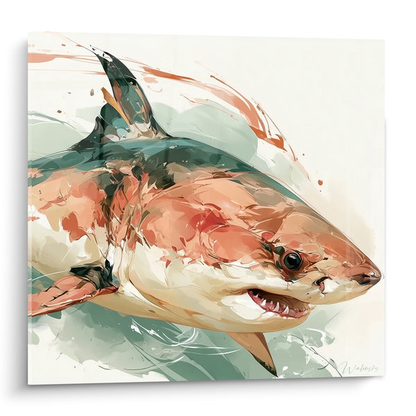 Tableau Requin corail et vert sauge en aquarelle - Glisse silencieuse - Edition Requin