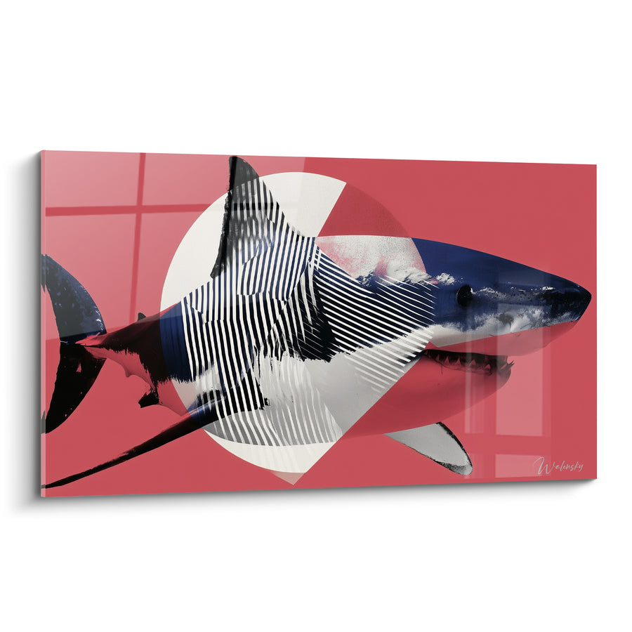 Tableau Requin corail et bleu marine à rayures géométriques - Fusion des profondeurs - Edition Requin