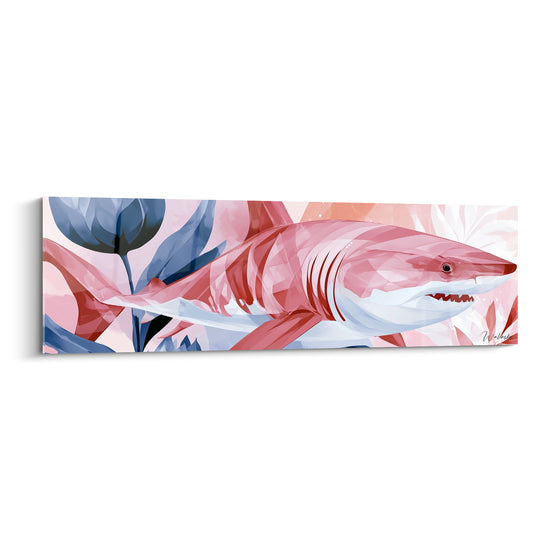 Tableau Requin corail et bleu marine parmi les feuillages - Mâchoire entrouverte rosée - Edition Requin
