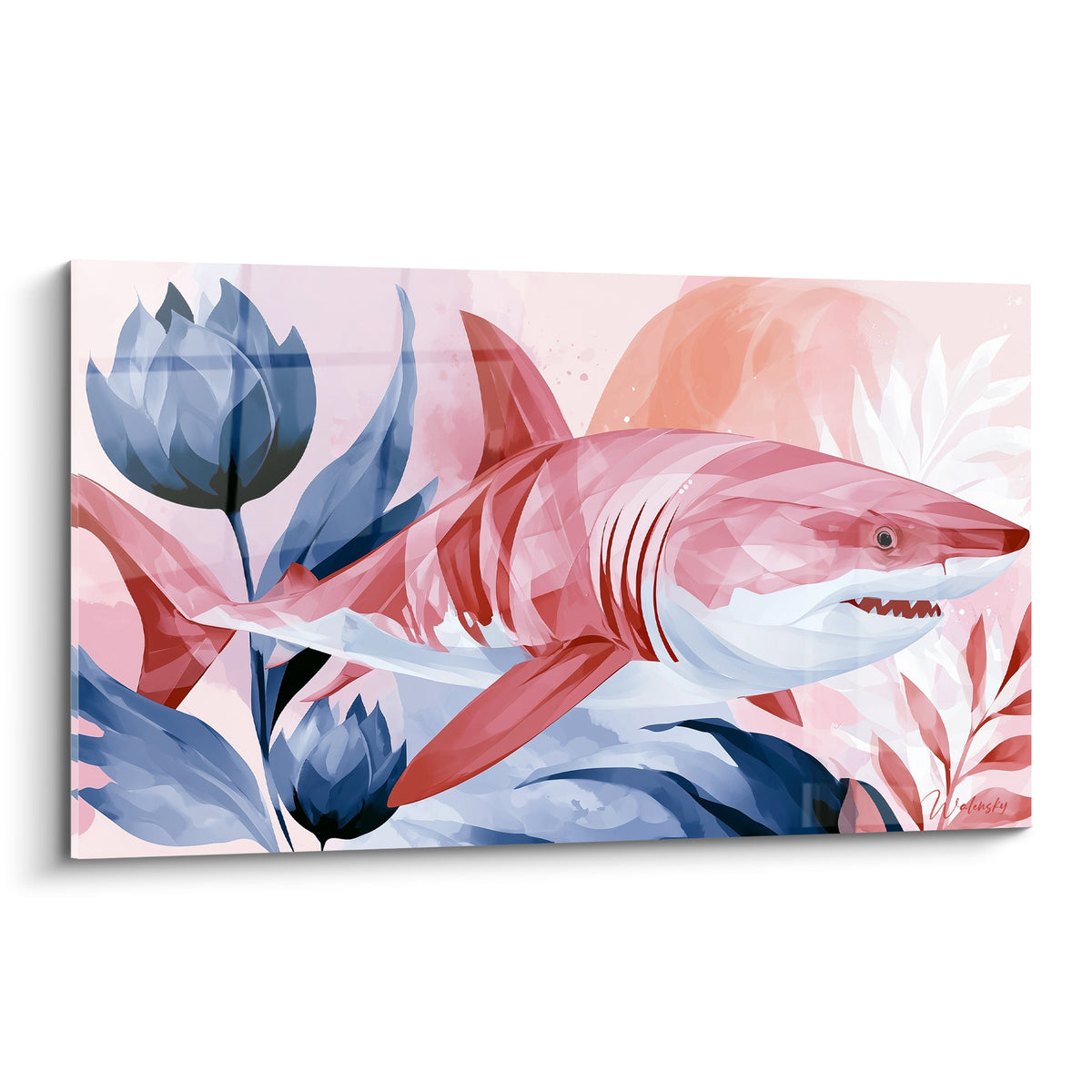 Requin corail nage entouré de tulipes bleu marine sur fond rose et pêche aquarellé