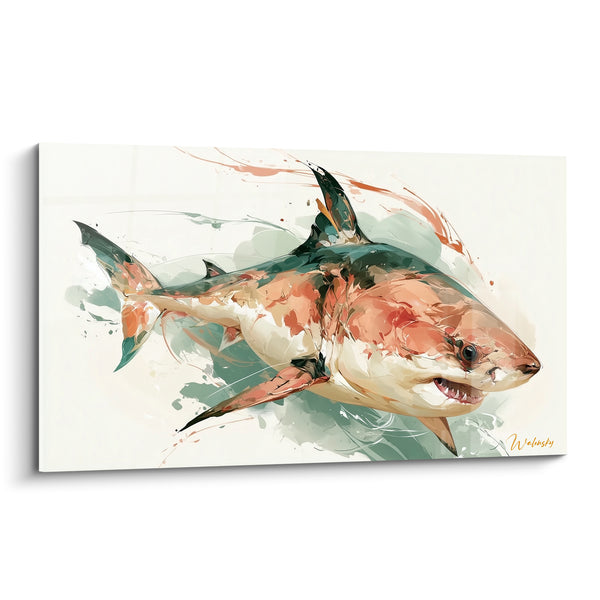 Tableau Requin corail et vert amande à l'aquarelle - Éclaboussures fluides autour du corps - Edition Requin