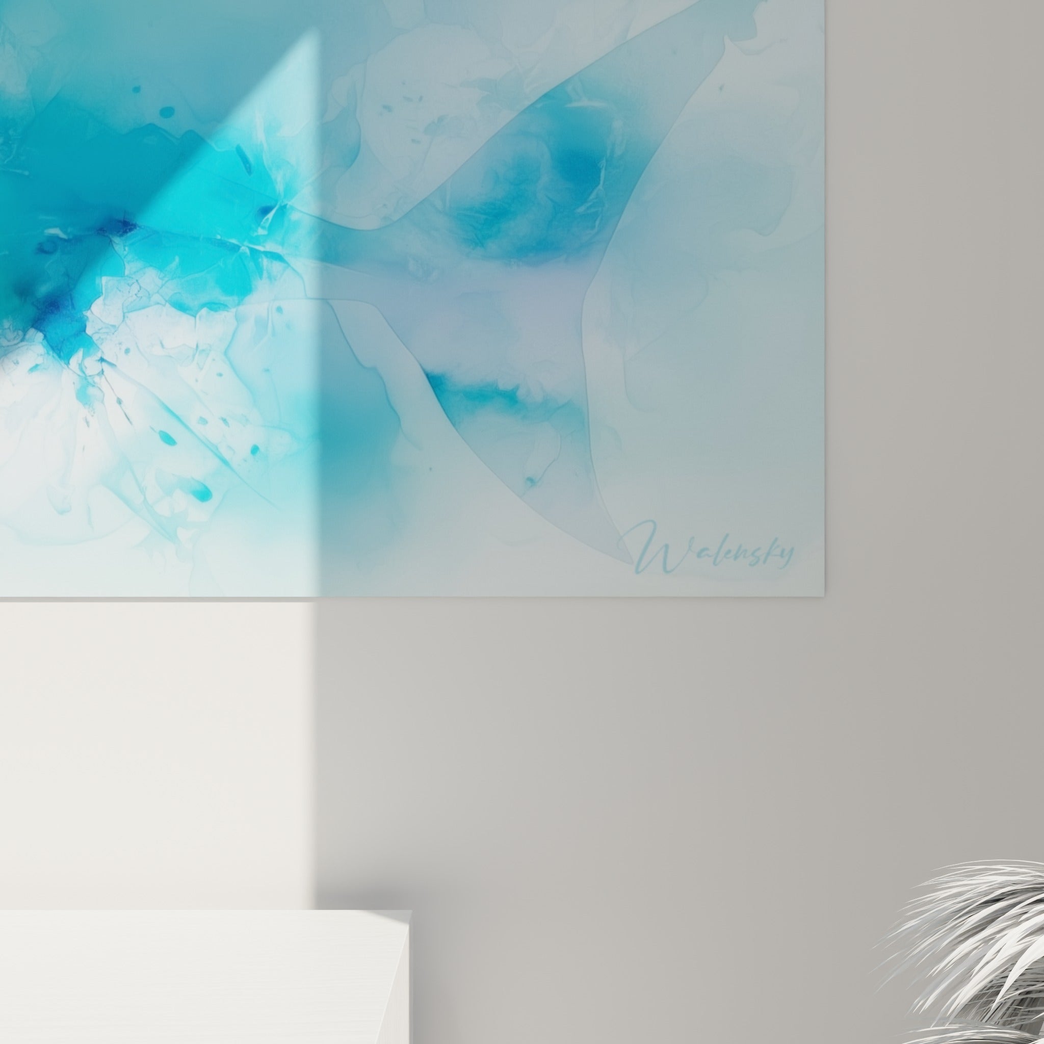 Coulures d'encre bleu turquoise et anthracite visibles sur la matière de l'impression du tableau requin