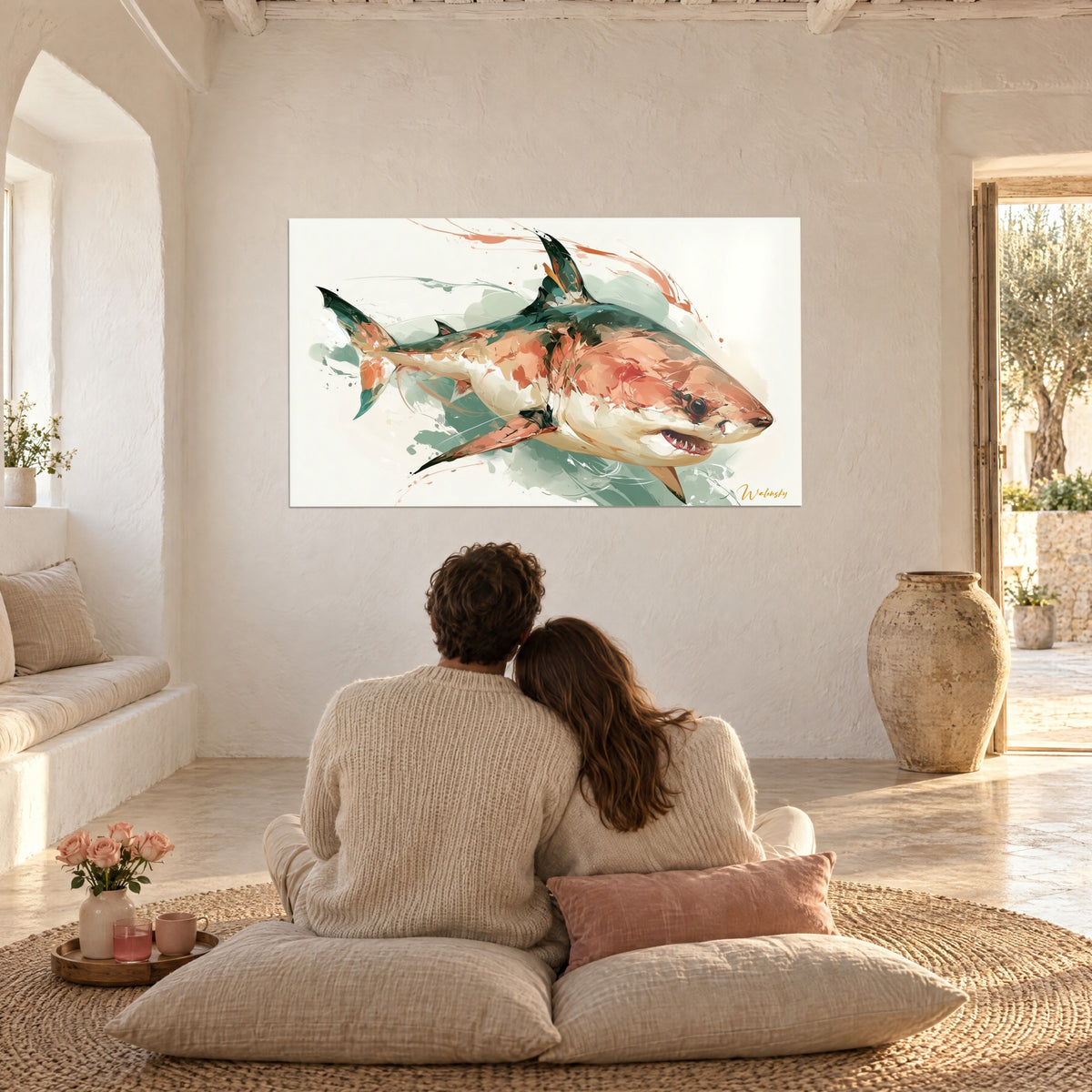 Tableau requin dessiné en larges coups de pinceau corail, ivoire et vert amande, un couple de dos sur des coussins, dans un salon voûté