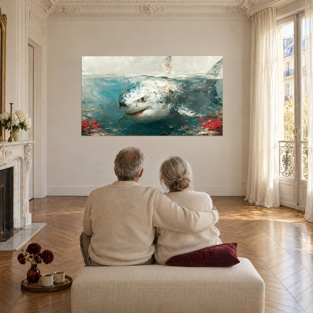 Tableau dents de la mer en bleu profond et blanc crème, taches rouges, face à un couple de dos sur un pouf