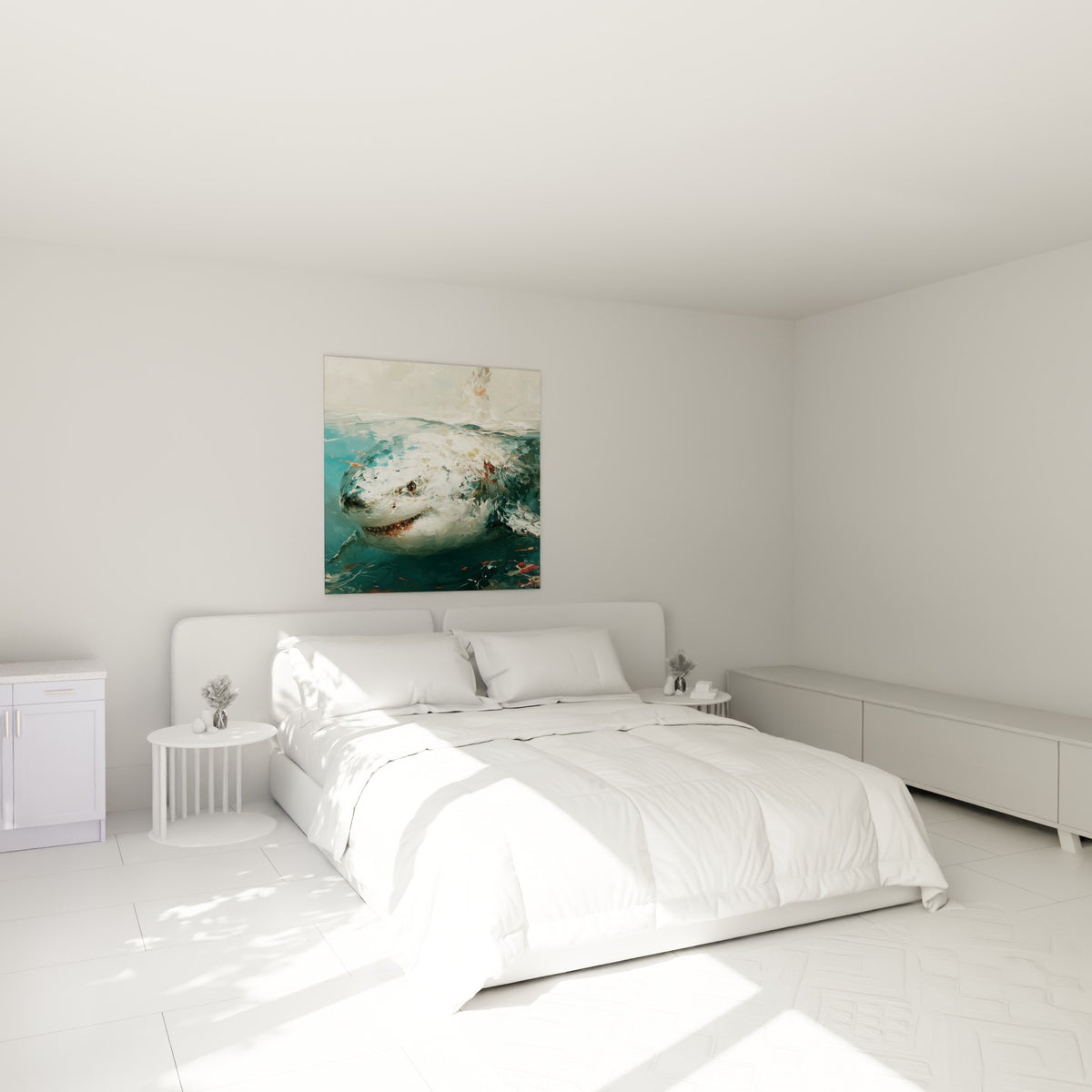 Requin blanc et bleu turquoise peint au couteau, accroché au-dessus d'un lit dans une chambre claire