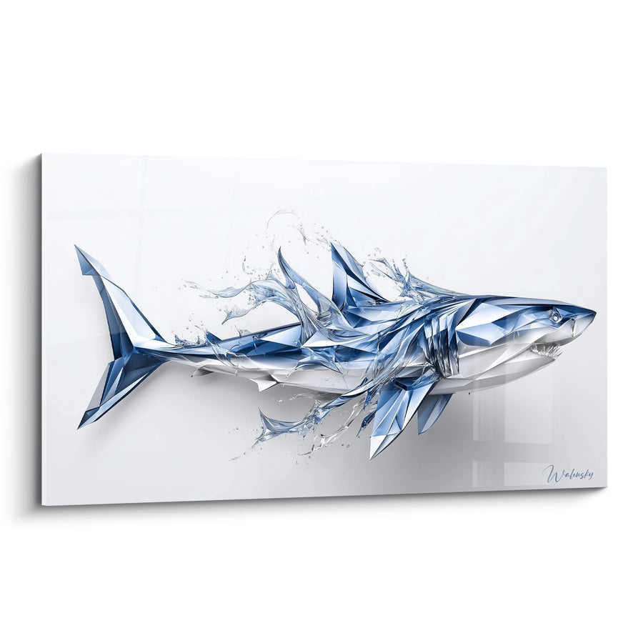 Tableau Requin cristallin bleu et blanc géométrique - Éclair de mer figé - Edition Requin