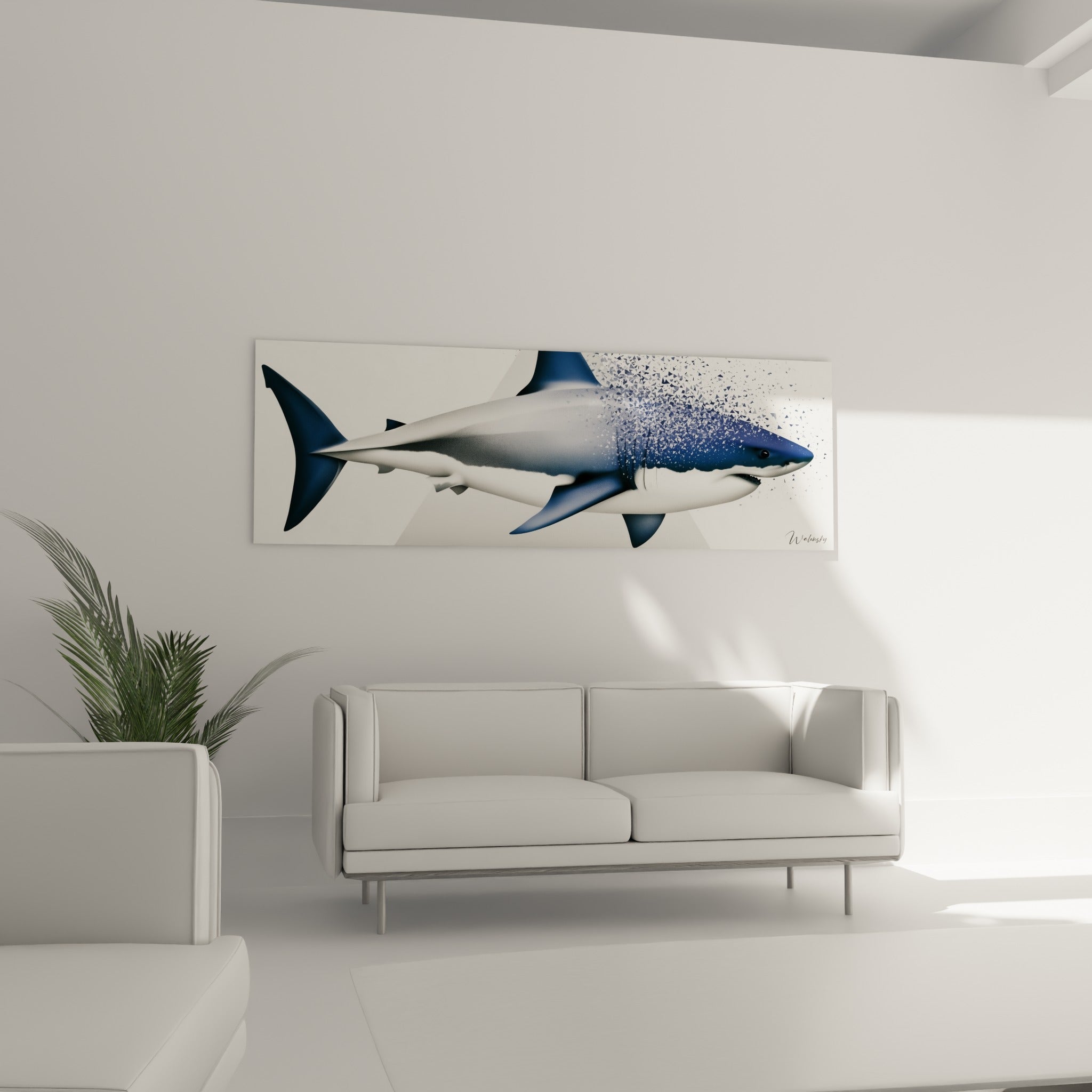 Requin blanc et bleu marine à l'effet fragmenté, au-dessus d'un canapé dans un salon lumineux