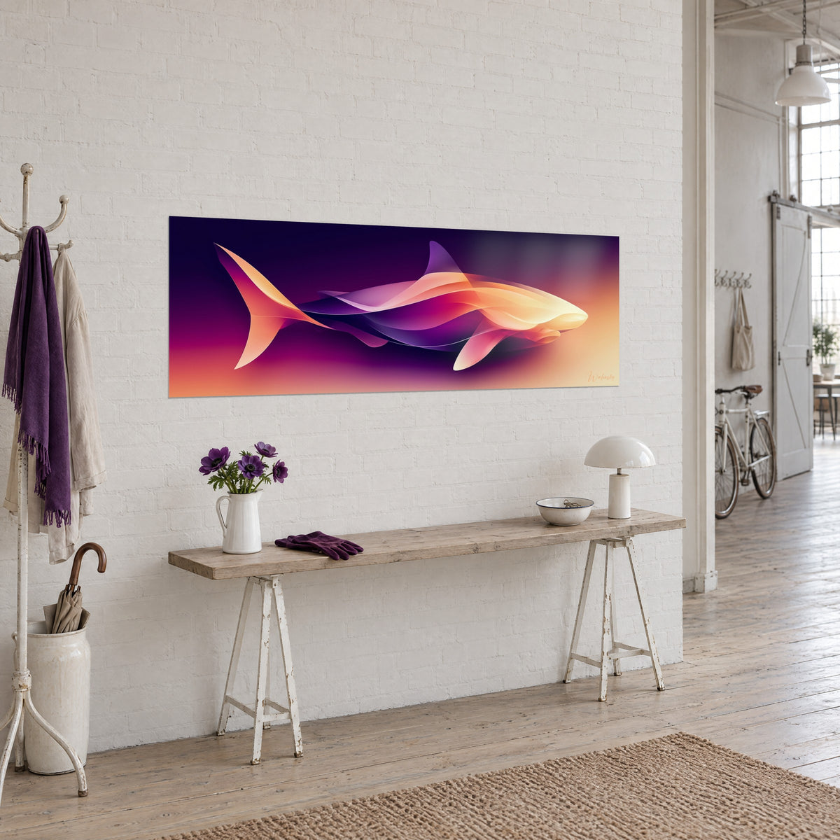 Wall art of an abstract shark cutting through a plum background, pale yellow belly and orange gradients, hung above a wooden console in a loft