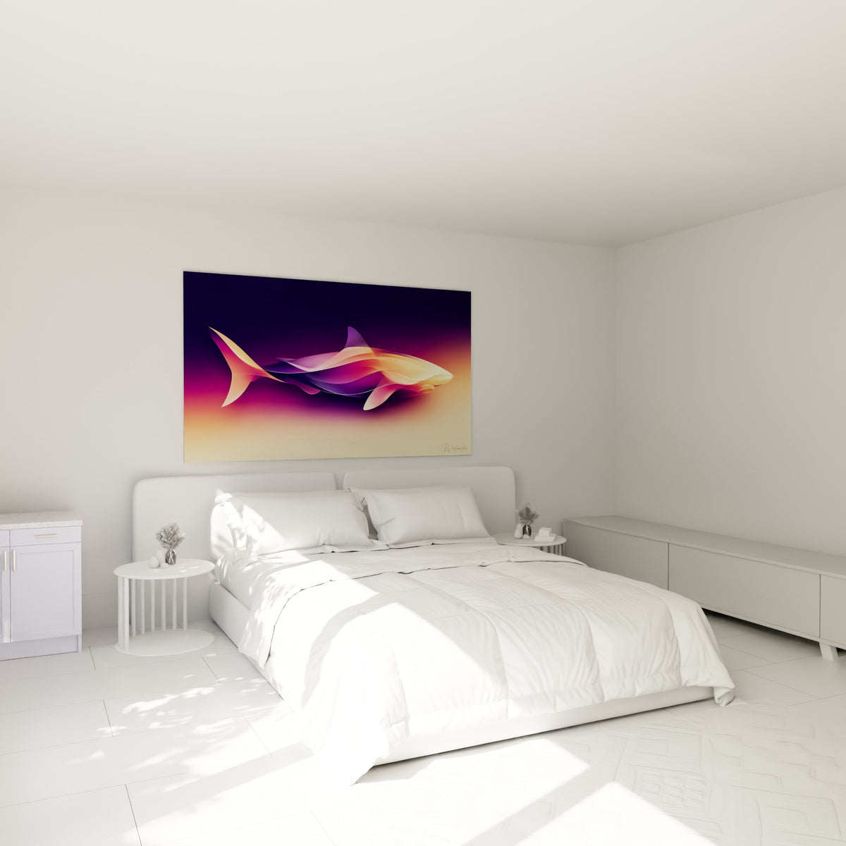Silhouette de requin lumineux en violet et orange doré au-dessus d'un lit dans une chambre claire