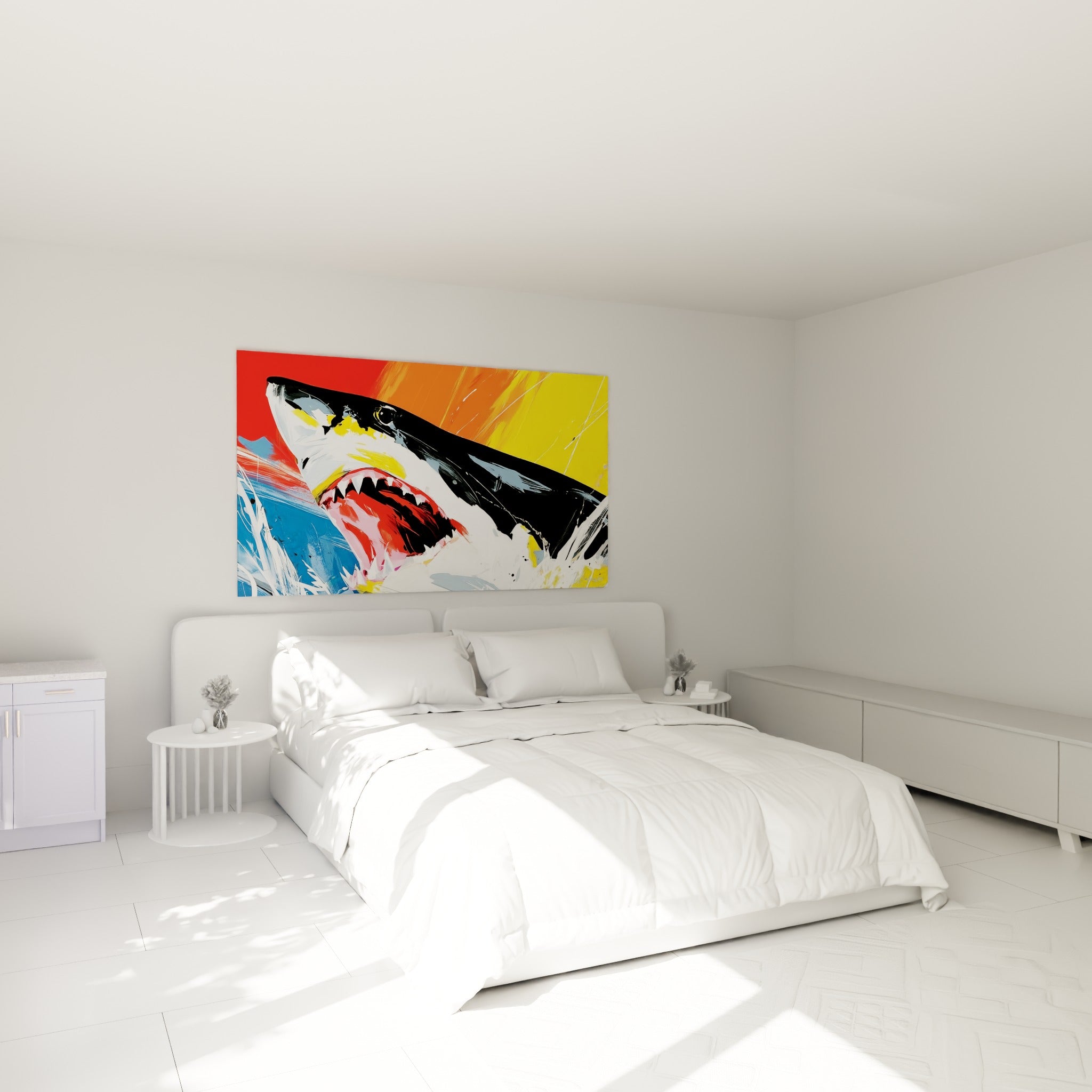 Requin noir et blanc gueule béante accroché au-dessus d'un lit dans une chambre claire