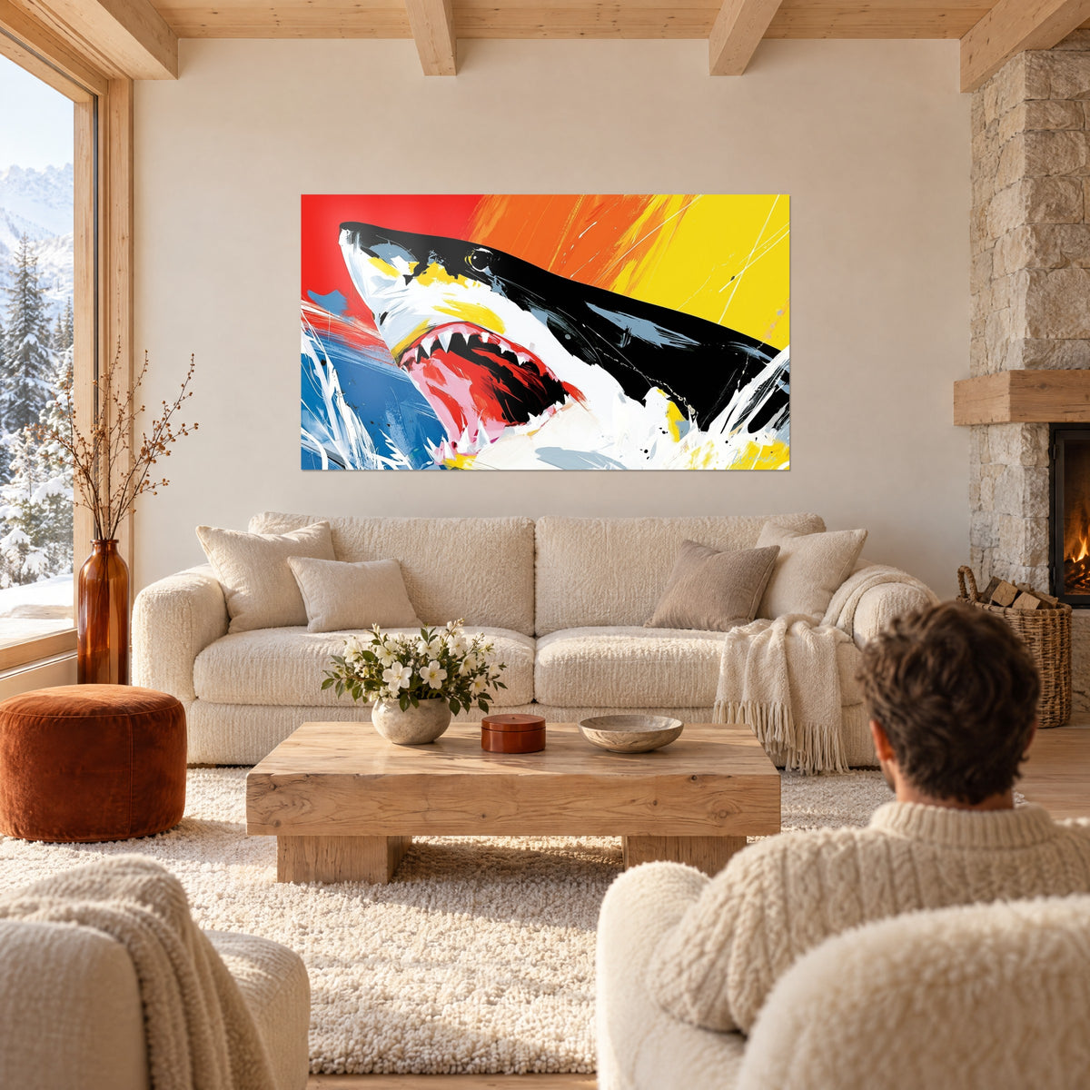 Schilderij grote witte haai met wijd open bek, fel rode en gele achtergrond, boven een bank in een lichte woonkamer