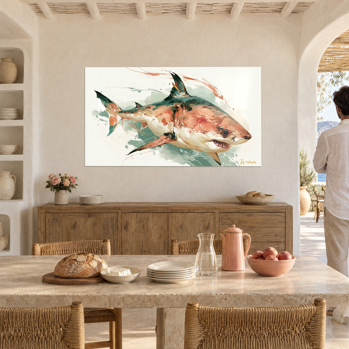 Tableau prédateur marin aux dents blanches, mâchoire entrouverte et traînées corail, au-dessus d'un buffet en bois dans une salle à manger