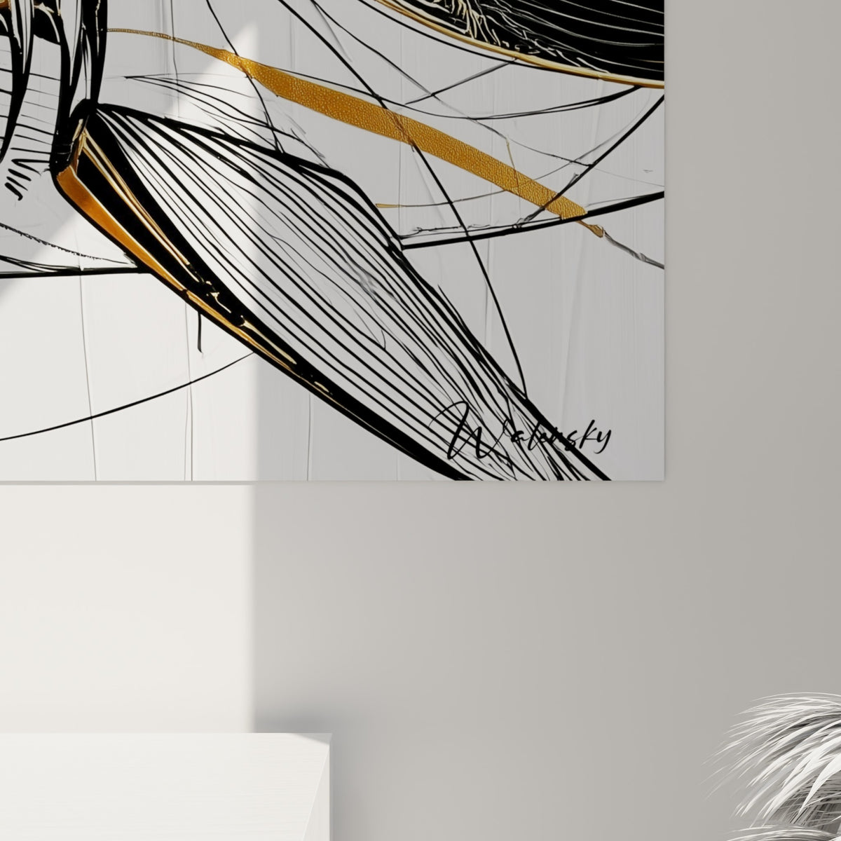 Détail des branchies rayées et de l'œil doré du requin, traits noirs fins et empâtements sur toile