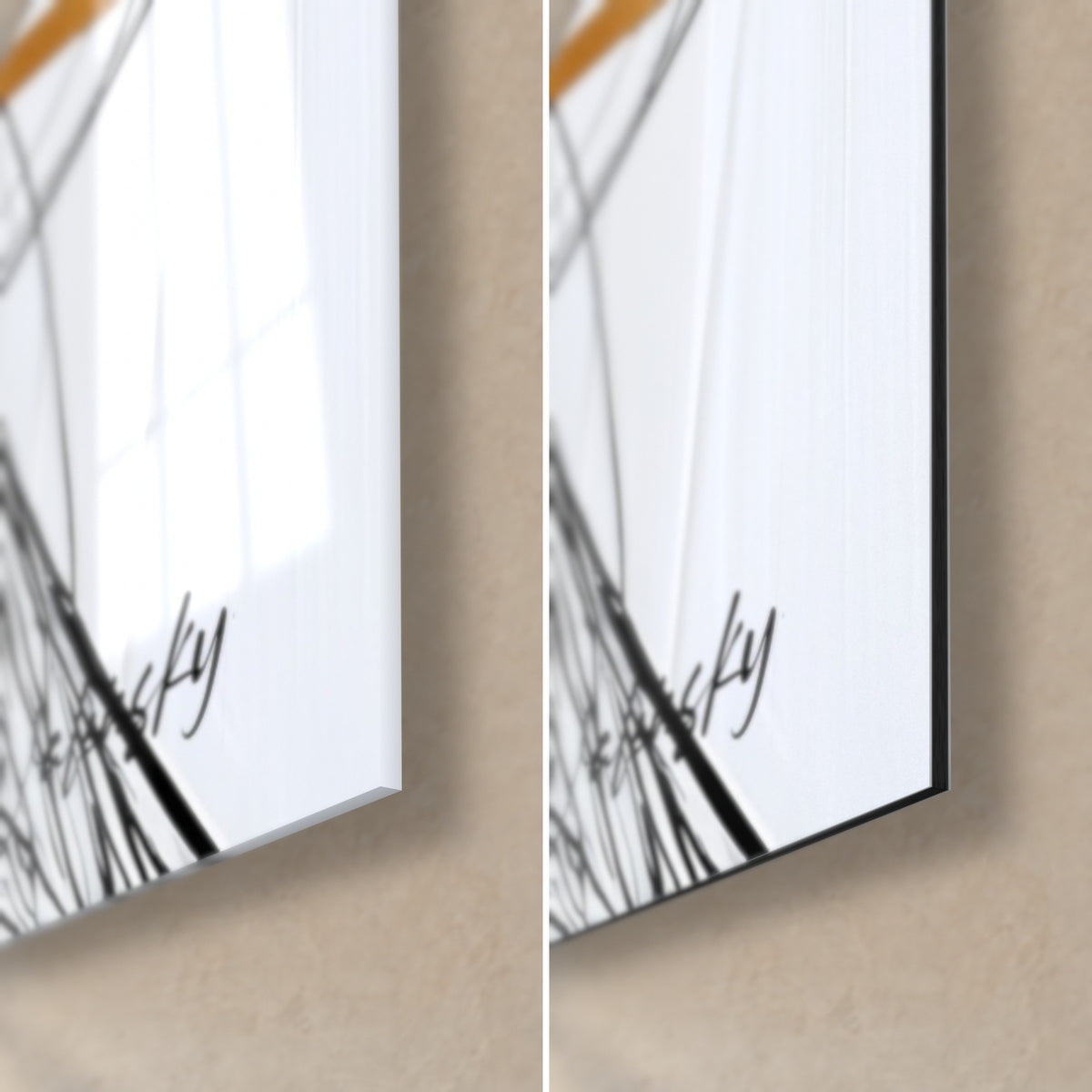 Tableau prédateur marin signé Walensky, coin bas droit : verre acrylique brillant à gauche, alu Dibond mat noir à droite, tranche de 3 mm