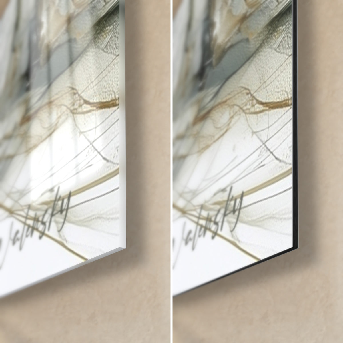 Schilderij grijze en gouden haai, rechtsonder, glanzend acrylglas op mat zwart Dibond-aluminium, 3 mm rand en Walensky-signatuur