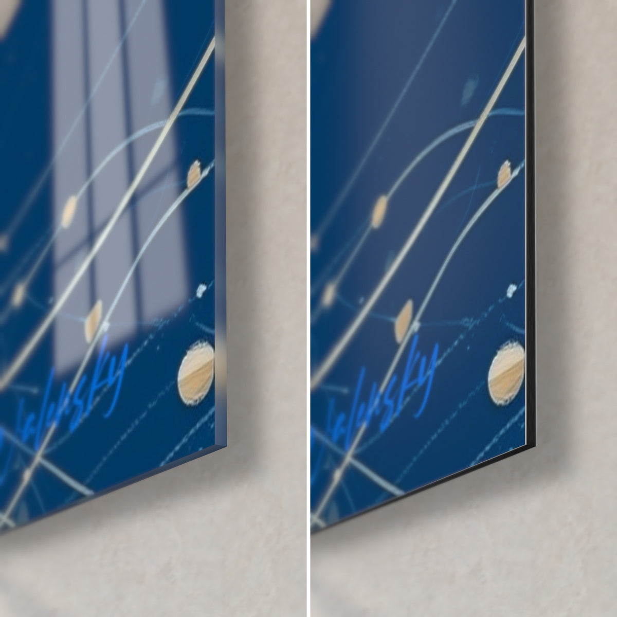 Wall art shark in deep blue and gold, bottom right corner, glossy acrylic glass on the left, matte Dibond aluminum on the right, 3 mm thickness
