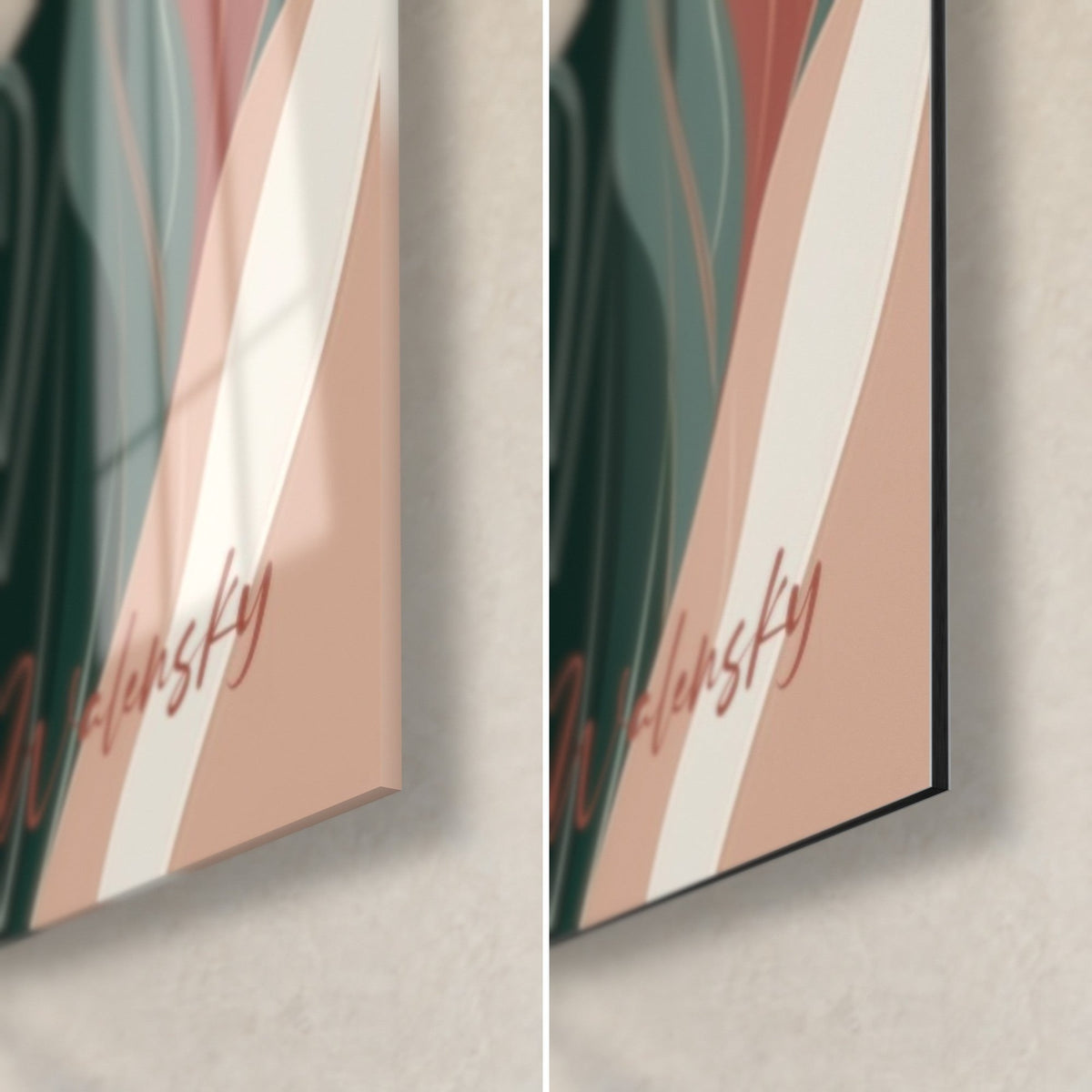 Gemälde eines Haies in Creme und Koralle, untere rechte Ecke: glänzendes Acrylglas links, mattschwarzes Dibond rechts, 3 mm Kante