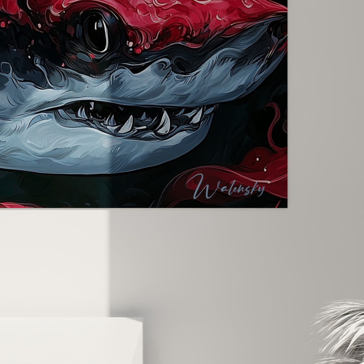 Détail du requin où les volutes rouge sang et anthracite se mêlent en empâtements fluides et brillants