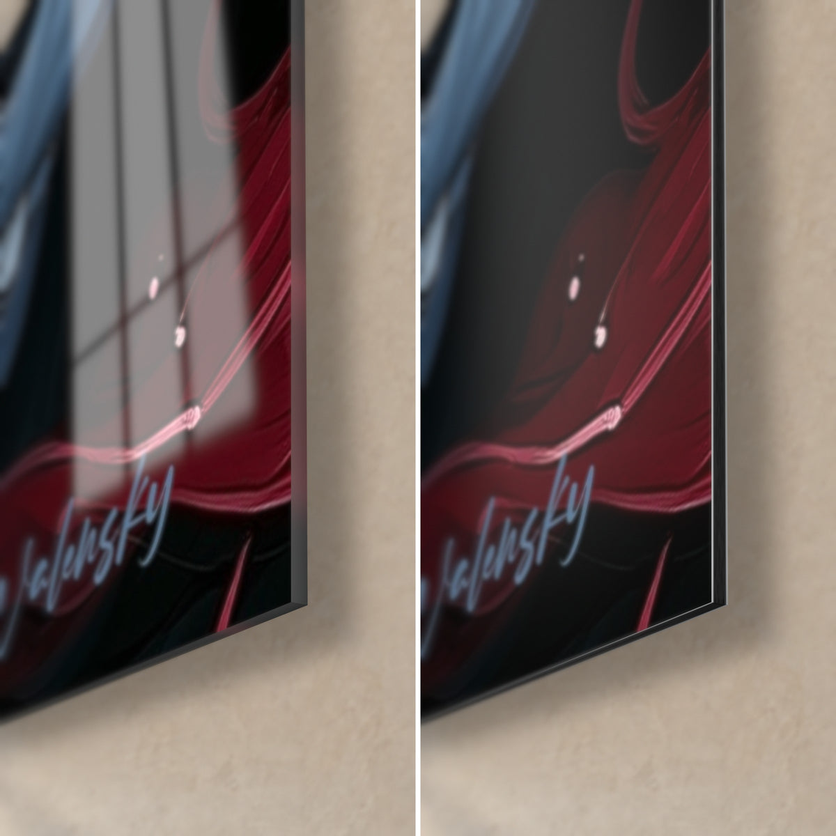 Schilderij mariene roofdier in rood en zwart, rechtsonder: glanzend acrylglas links, mat Dibond-aluminium rechts, dikte 3 mm