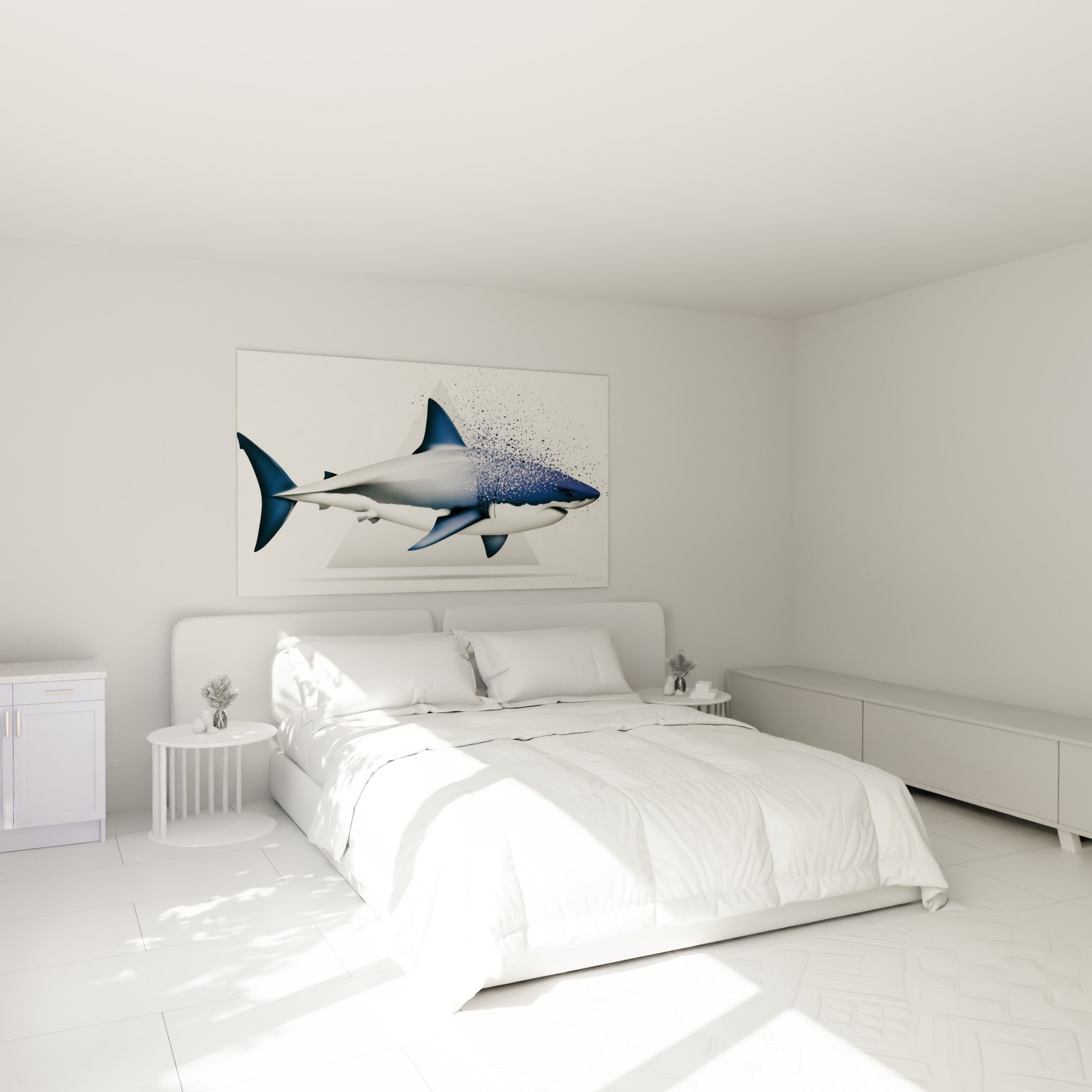 Silhouette de requin bleu marine et blanc en dispersion graphique, accrochée au-dessus d'un lit dans une chambre claire