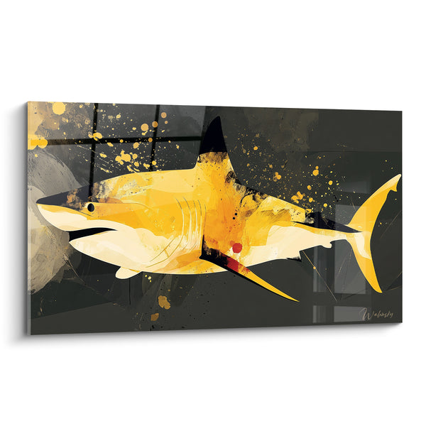 Tableau Requin jaune et noir aux éclaboussures dorées - Tache écarlate sur le flanc - Edition Requin