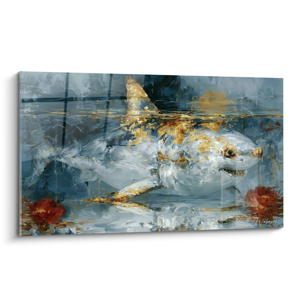 Tableau Requin blanc et doré aux fleurs rouges - Silence des profondeurs - Edition Requin