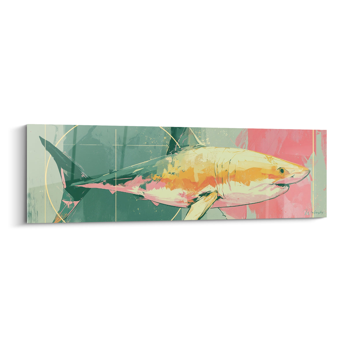 Requin doré et corail nageant sur fond vert sauge, style pictural contemporain aux lignes géométriques