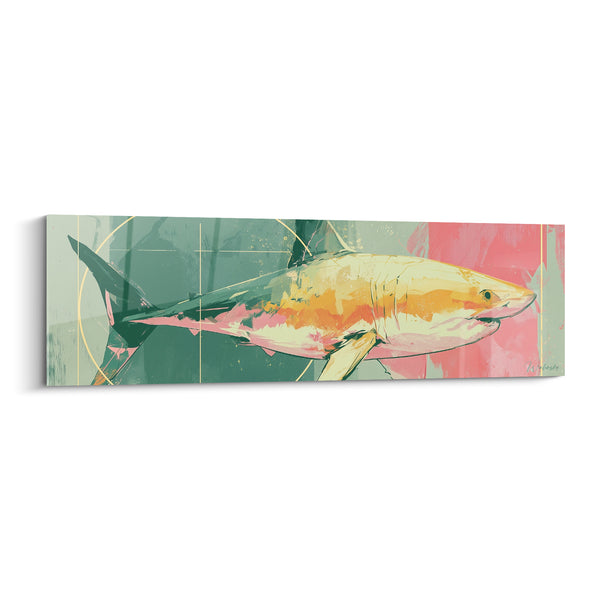 Tableau Requin jaune et vert au tracé doré - Cercle géométrique en arrière-plan - Edition Requin