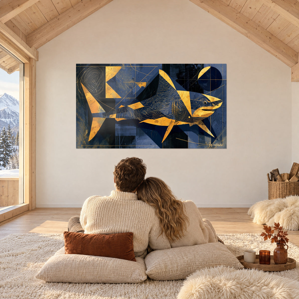 Gemälde Stilisierter Hai aus goldenen und marineblauen Dreiecken, Paar umarmt sich von hinten auf Kissen, große Fensterfront zum schneebedeckten Berg