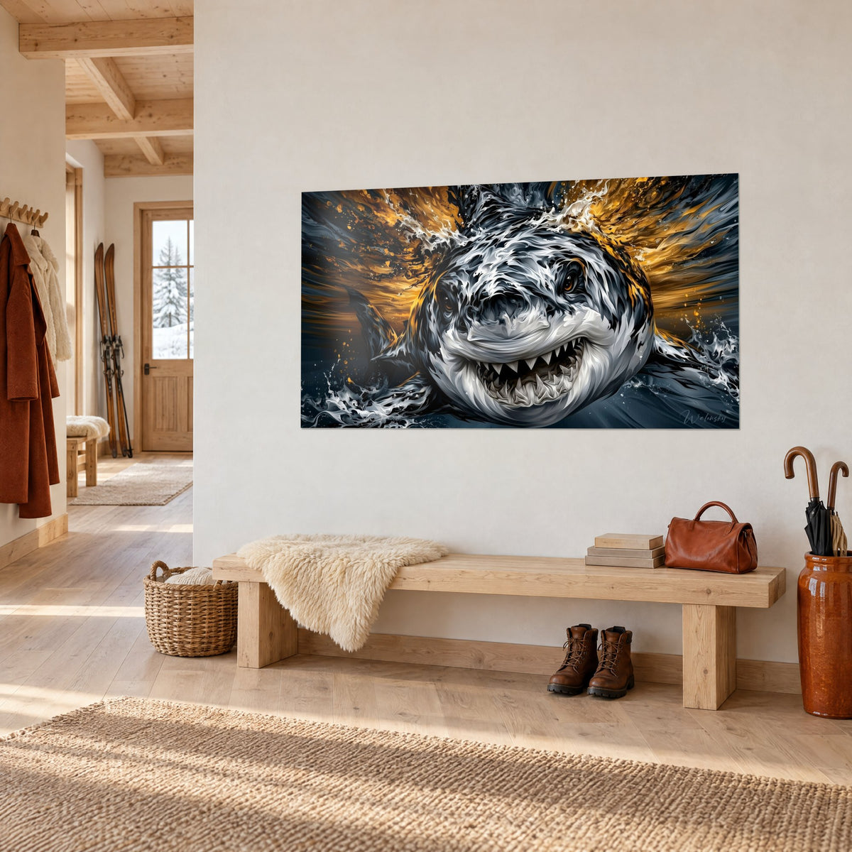 Wall art shark with amber eyes, white foam and swirling orange sky, hung on the wall of a light wood chalet hallway