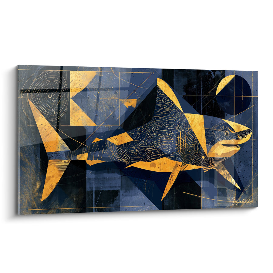 Tableau Requin doré aux formes géométriques bleu marine - Puissance abyssale - Edition Requin