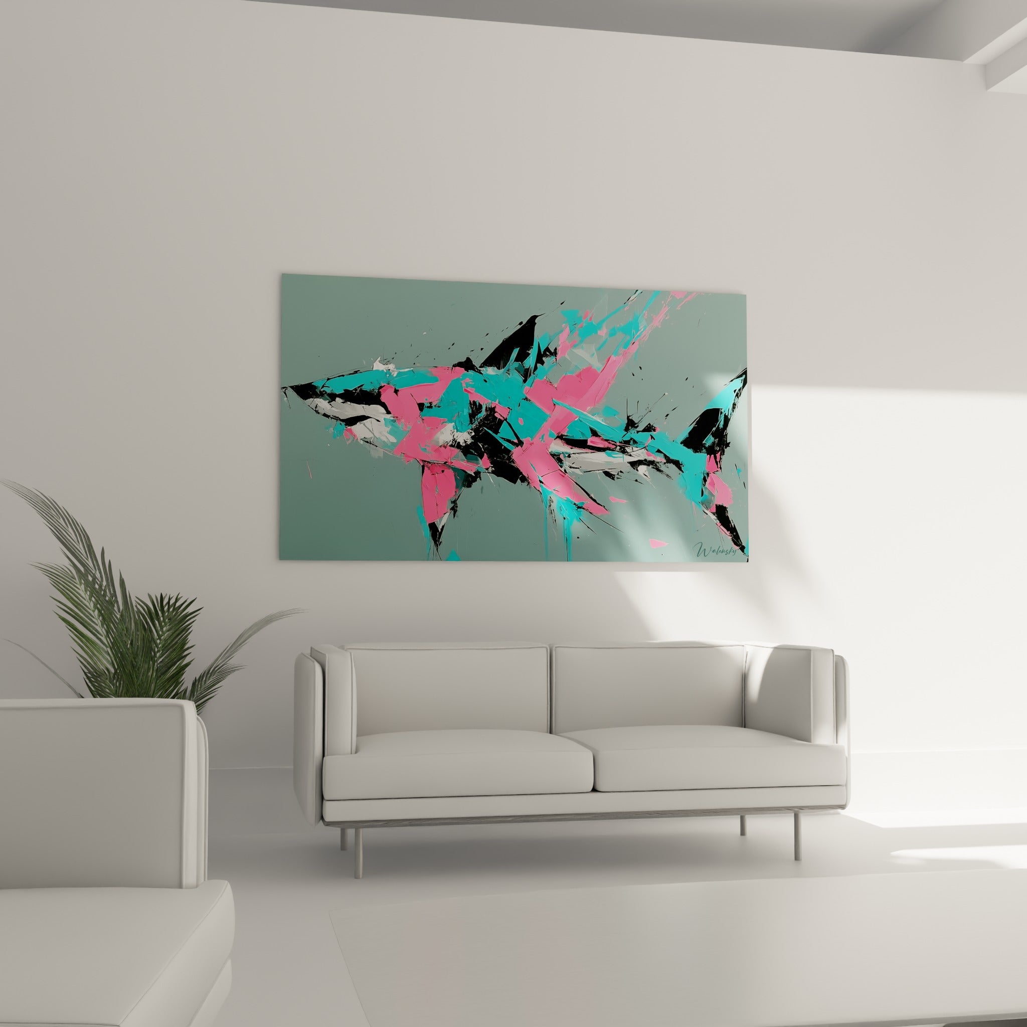 Prédateur éclaté aux teintes roses et turquoise au-dessus d'un canapé dans un salon lumineux