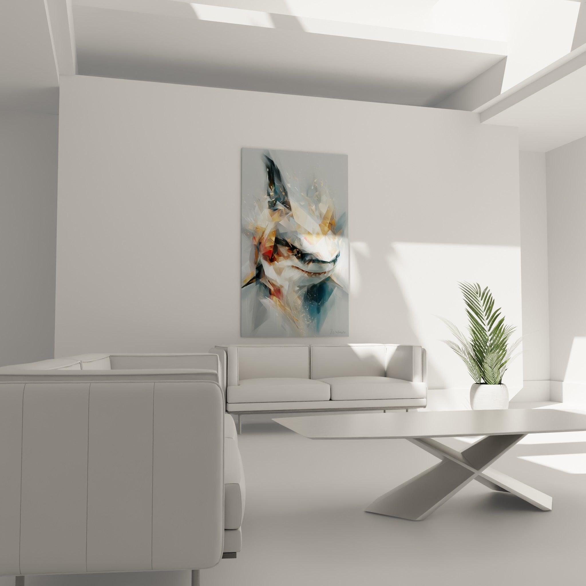 Requin fragmenté gris perle et terracotta au-dessus d'un canapé dans un salon lumineux