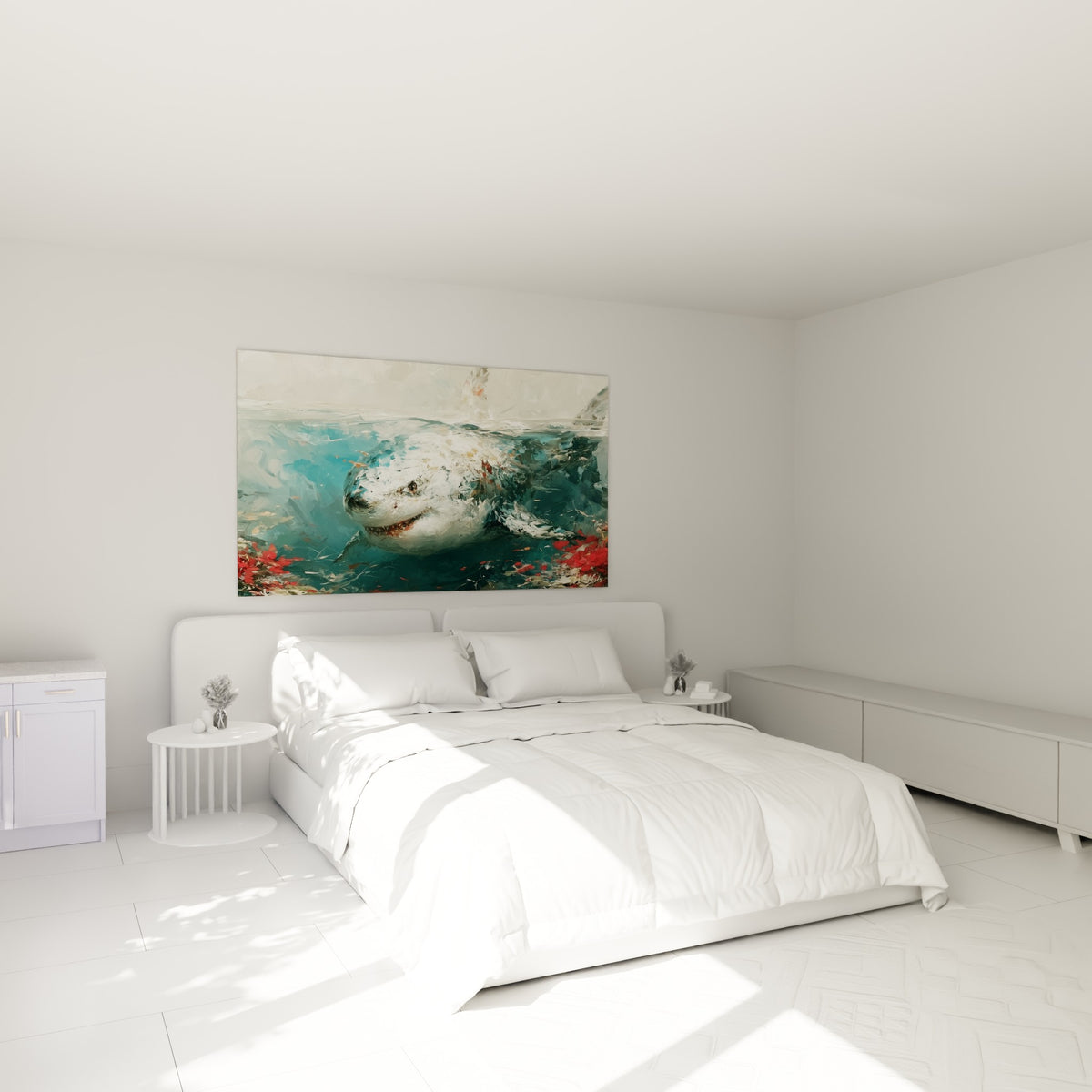 Requin bleu marine et corail peint en empâtements accroché au-dessus d'un lit dans une chambre claire