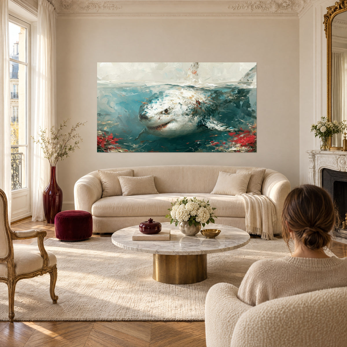 Tableau requin blanc affleurant l'eau turquoise, fleurs rouges au fond, au-dessus d'un canapé dans un salon lumineux
