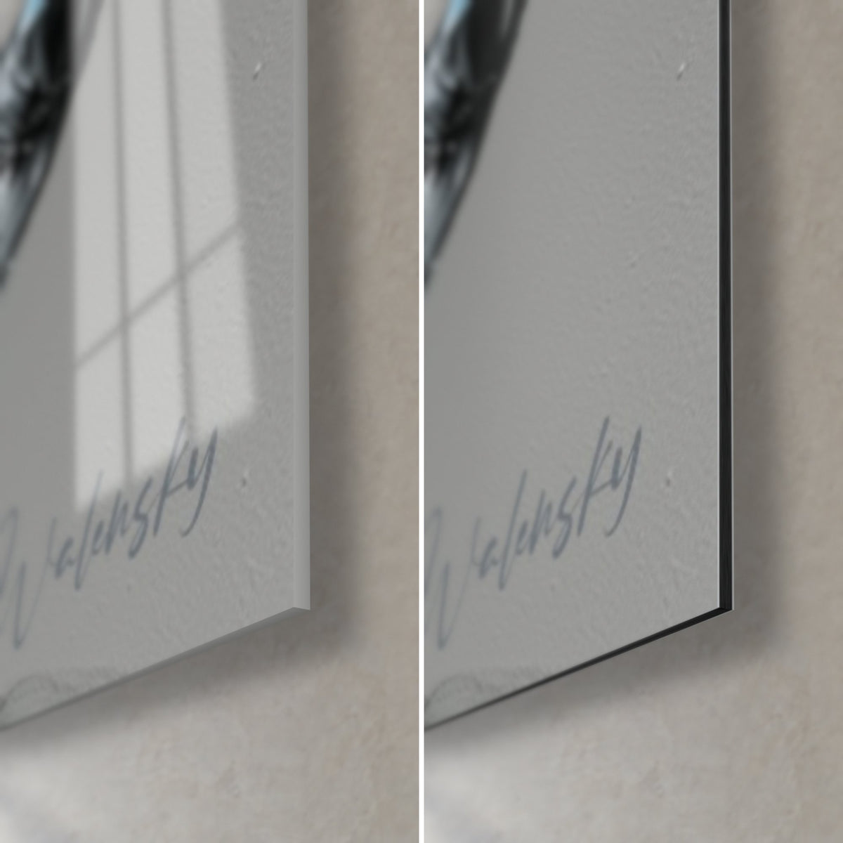 Quadro squalo in pittura spessa nera e blu, angolo in basso a destra: vetro lucido a sinistra, Dibond opaco a destra, spessore 3 mm