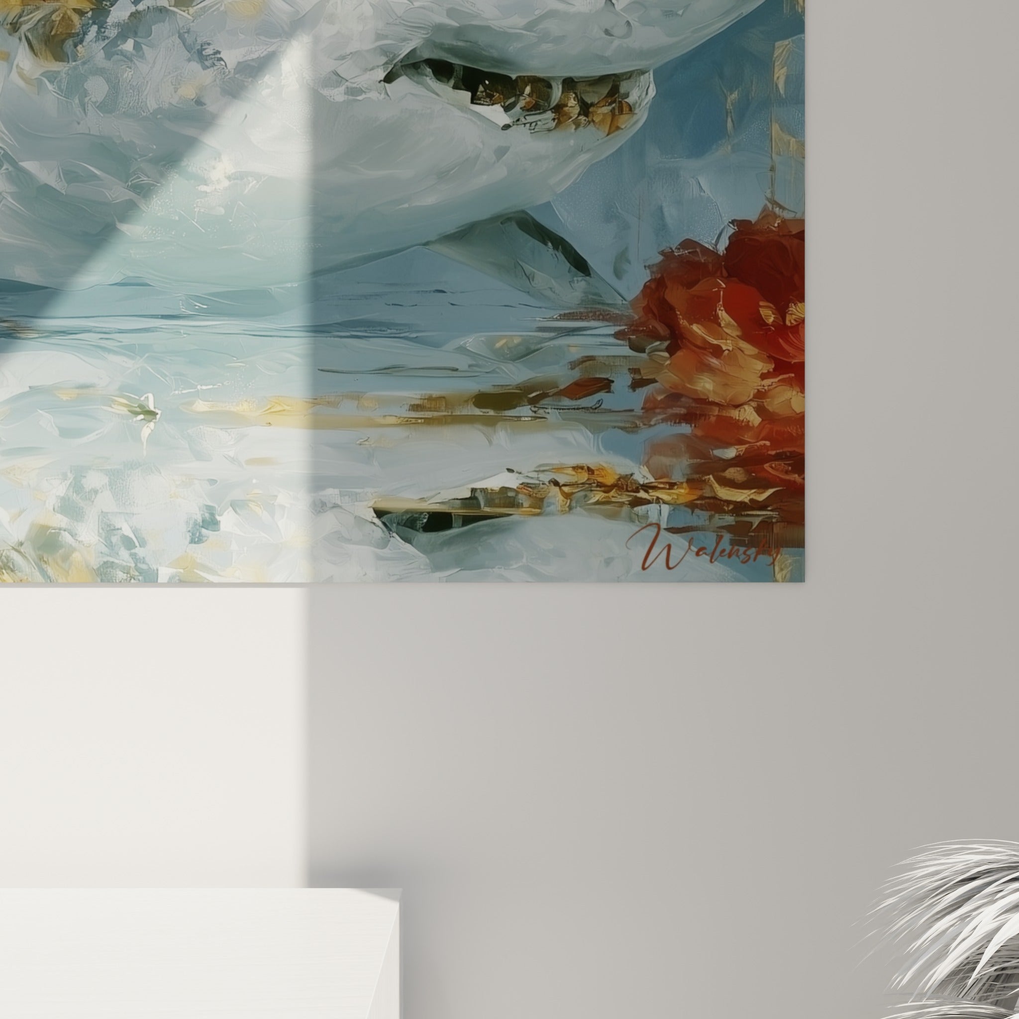 Empâtements dorés et bleu anthracite sur la nageoire du requin, matière épaisse et coulures visibles