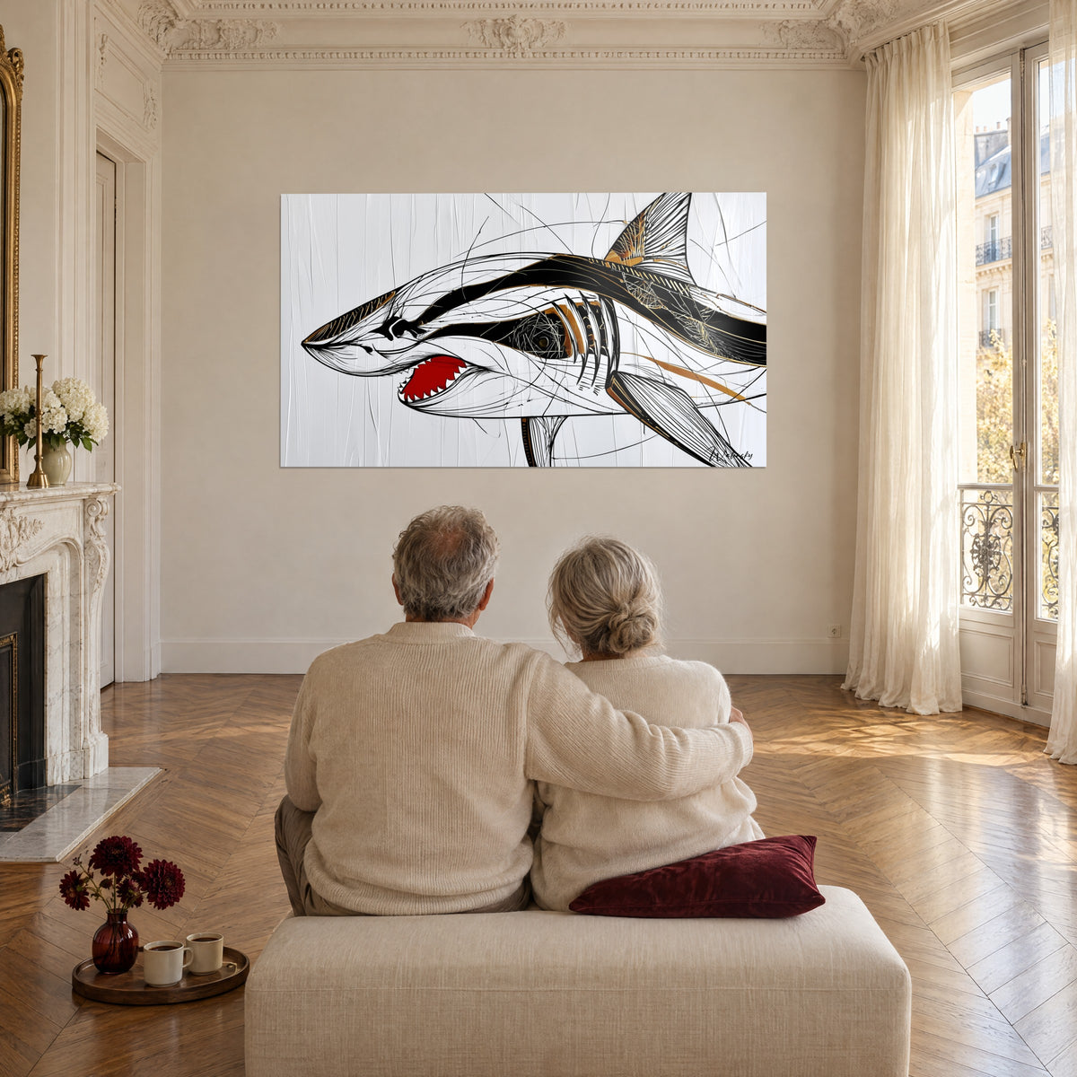 Tableau requin au dessin vif, noir de jais, rouge sang et dorures, contemplé par un couple âgé de dos, assis sur une banquette de salon