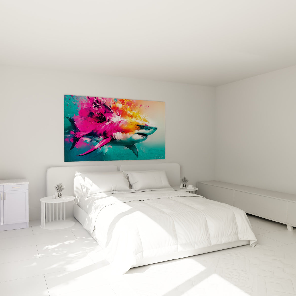Requin turquoise et fuchsia en explosion picturale au-dessus d'un lit dans une chambre claire
