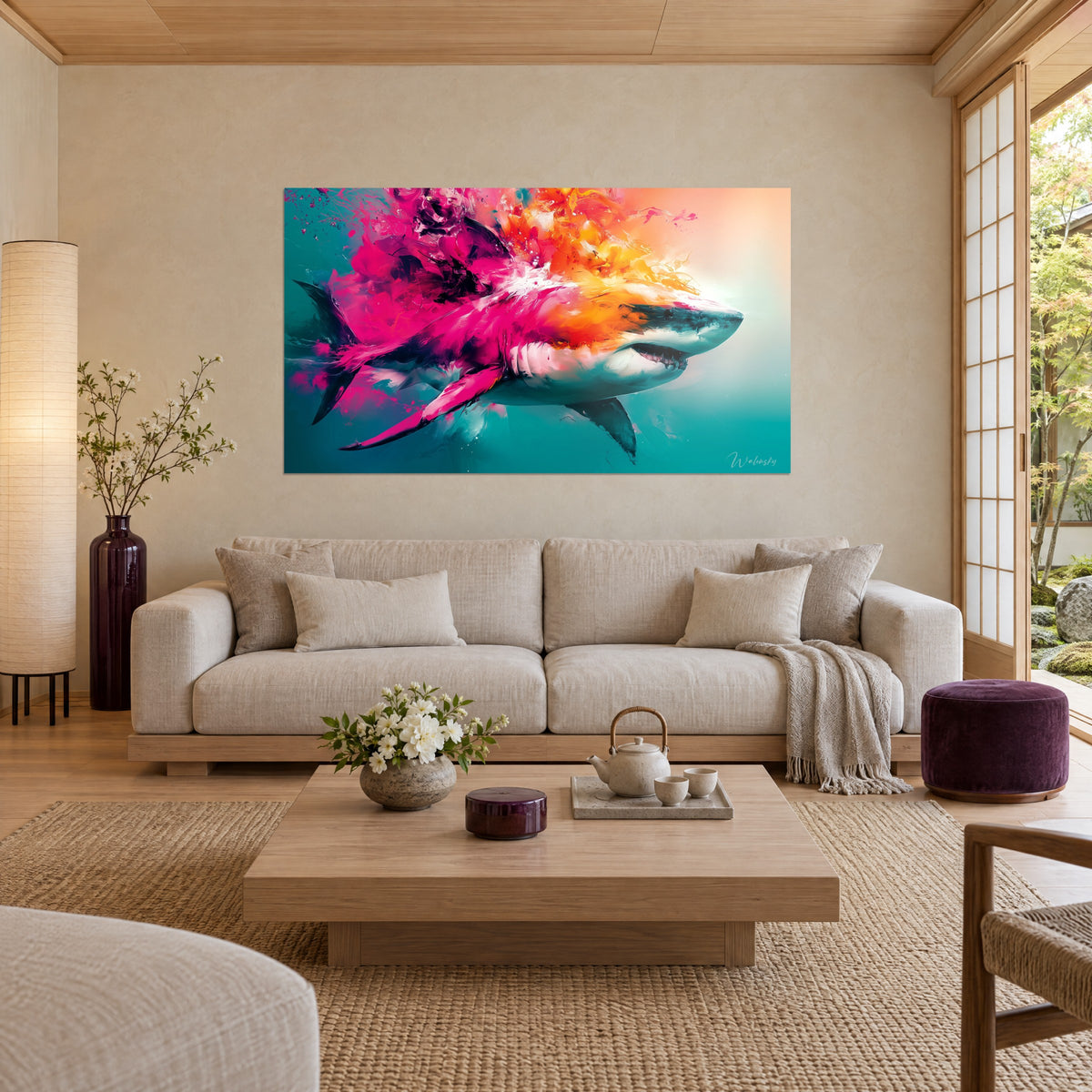 Wall art great white shark slicing through water, fuchsia and orange splashes on a turquoise background, above a sofa in a bright living room