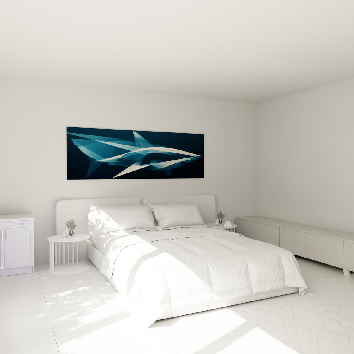 Requin abstrait bleu marine et blanc cassé, formes triangulaires fluides, au-dessus d'un lit dans une chambre claire