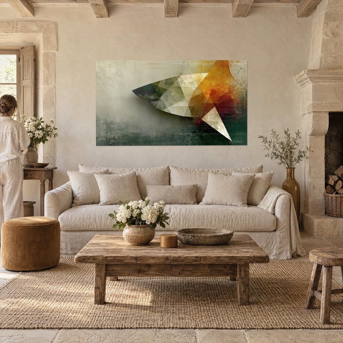 Wall art geometric shark in sage green and golden ochre, fragmented triangles, above a sofa in a bright living room