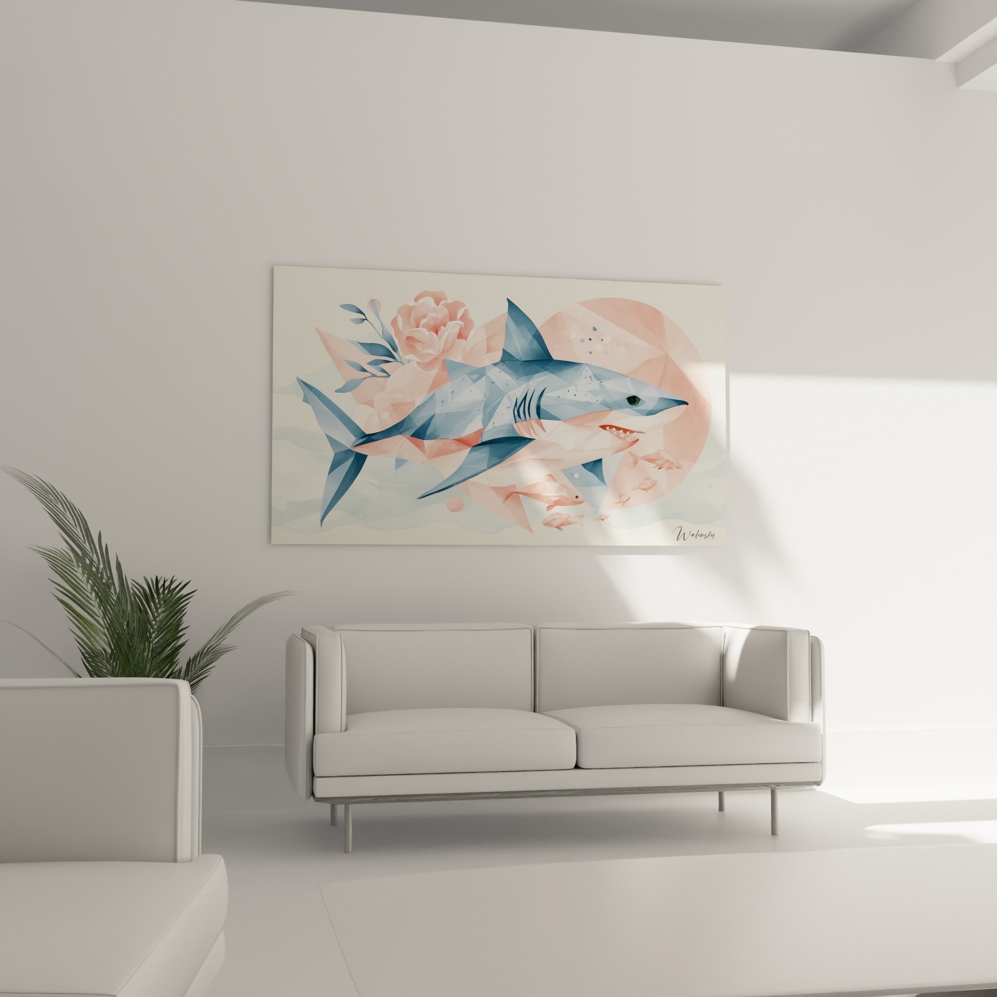 Requin stylisé aux tons rose corail et bleu ardoise, au-dessus d'un canapé dans un salon lumineux.