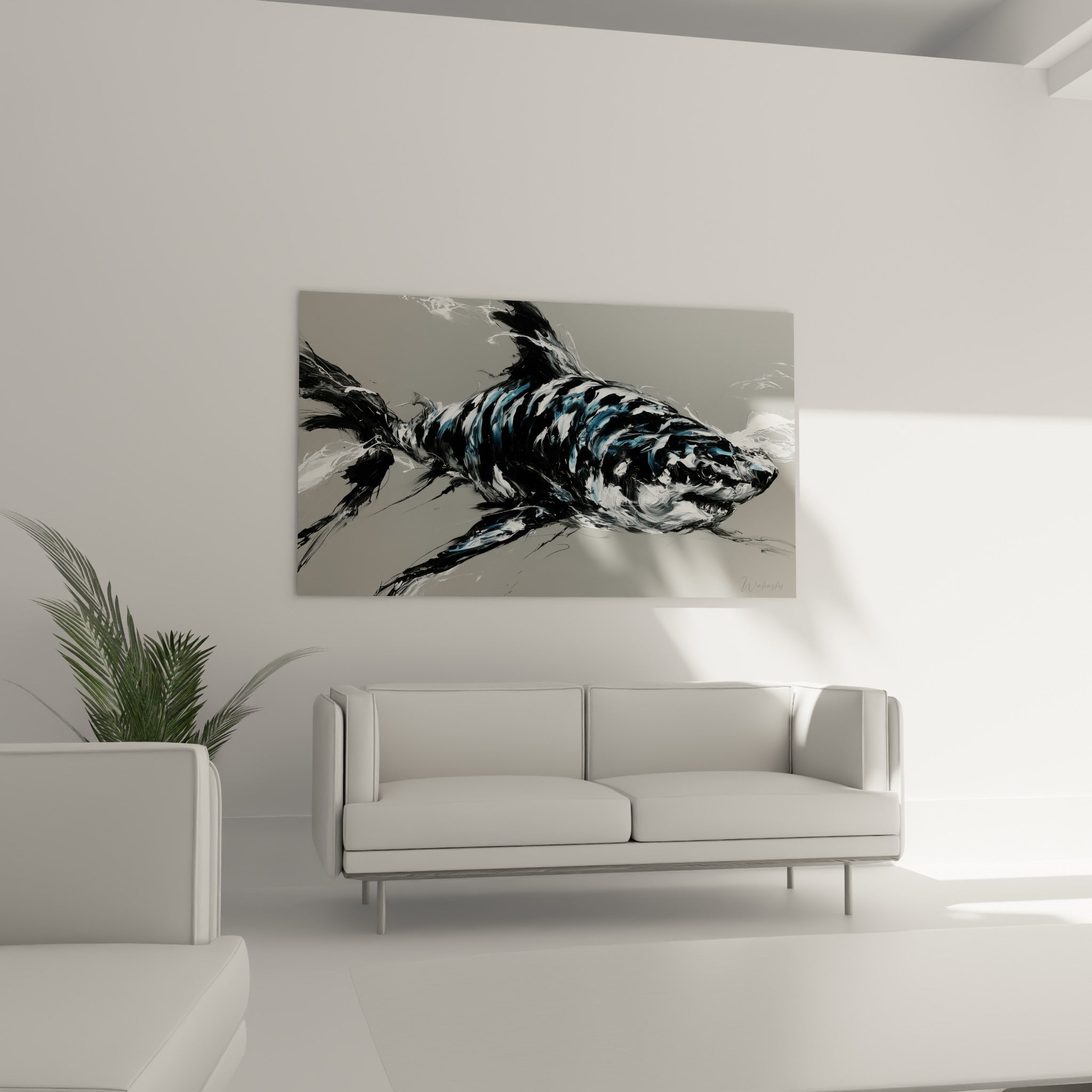 Requin fauve et bleu nuit en plein élan, écume blanche, au-dessus d'un canapé dans un salon lumineux