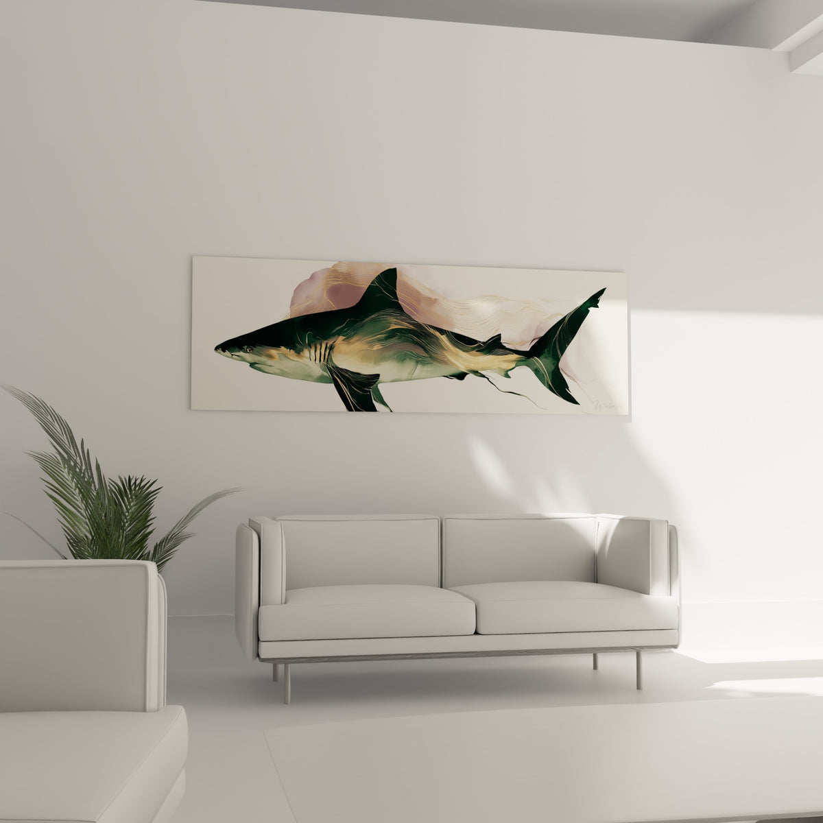 Requin fauve et lavande en mouvement fluide accroché au-dessus d'un canapé dans un salon lumineux