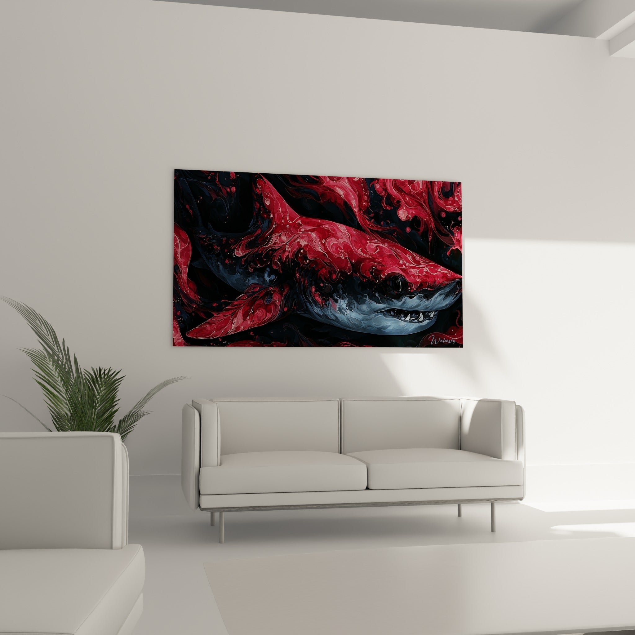 Requin bordeaux et noir profond au-dessus d'un canapé dans un salon lumineux et contemporain